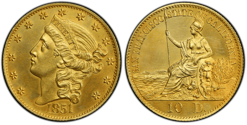 1851 State of California Ten Dollar - Gilt Silver