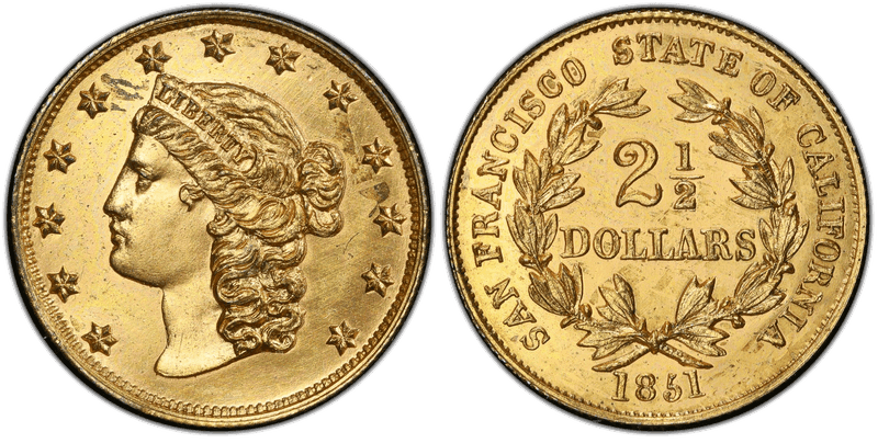 1851 State of California Two and a Half Dollar - Gilt Silver