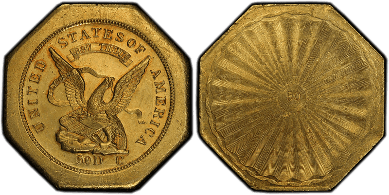 1851 California Gold $50 - "887" $50 LE Augustus Humbert "50" Reverse