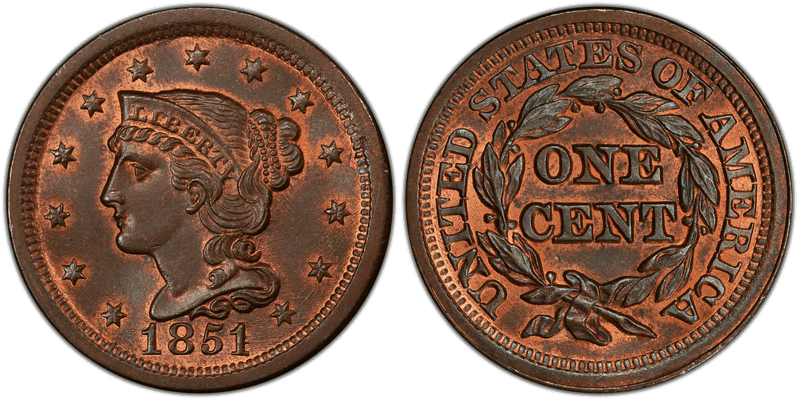 1851 Braided Hair Coronet Head Cent Base
