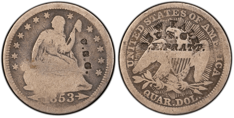 1853 Seated Liberty Quarter - Arrows & Rays, Brunk P-682/Y-7 J.W. Yale, E.H. Pratt