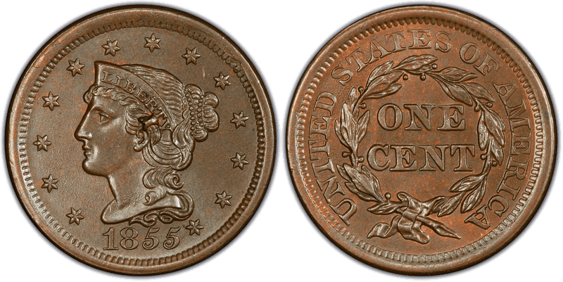 1855 Braided Hair Coronet Head Cent Base