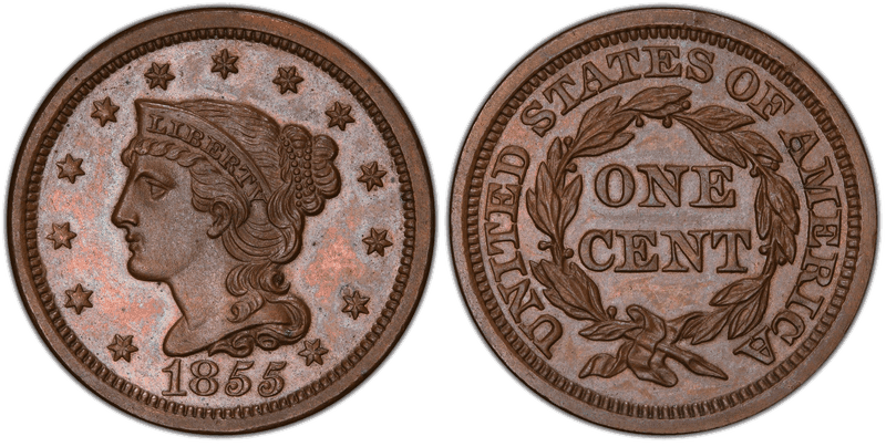 1855 Braided Hair Coronet Head Cent - Proof Slanted 55