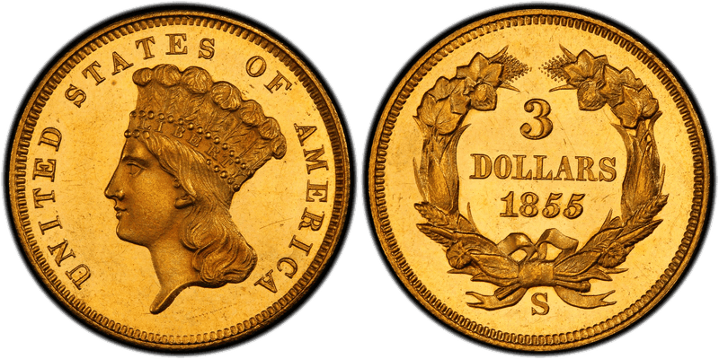 1855 (S) Proof Indian Princess Three Dollar