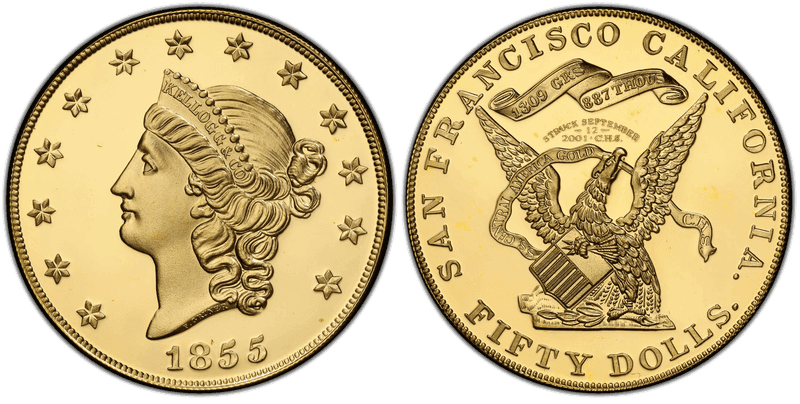 1855 Proof California Gold $50 - 1855' $50 Kellogg, Comm Restrike S.S. Central America