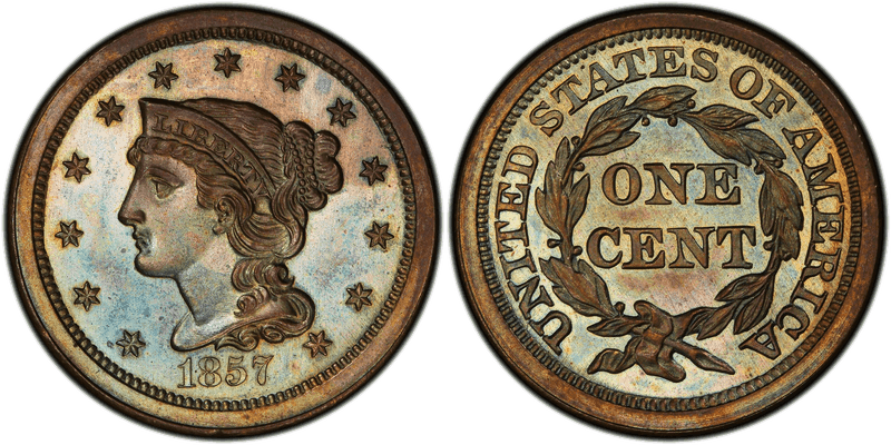 1857 Braided Hair Coronet Head Cent - Proof Small Date