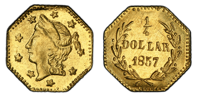 1857 Gold Quarter - BG-1301A, Restrike