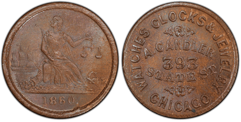 (1860) Copper Civil War Store Card F-150I-4a, A. Candler IL