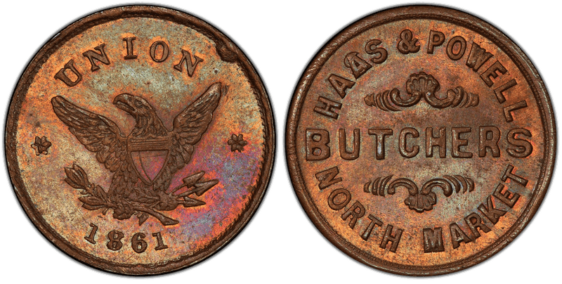 (1861) Copper Civil War Store Card F-150AA-3a, Haas & Powell IL