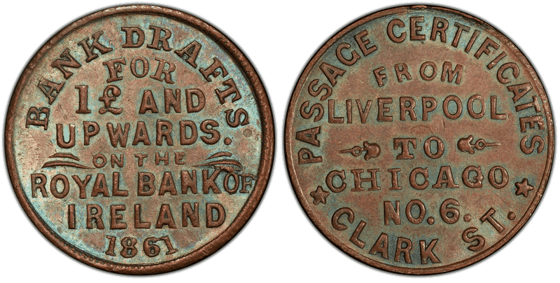 (1861) Copper Civil War Store Card F-150AS-1a, Royal Bank of Ireland IL