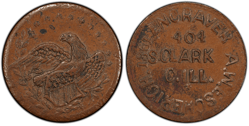 (1861) Copper Civil War Store Card F-150R-3a, A.W. Escherich IL