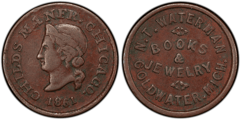 (1861) Copper Civil War Store Card F-185A-2a, N.T. Waterman MI