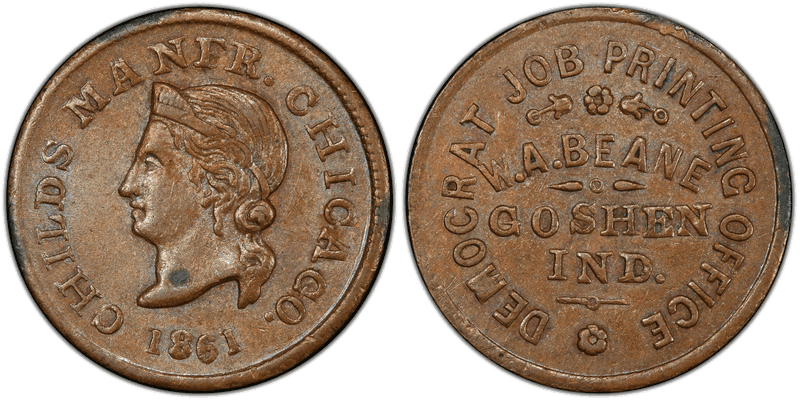 (1861) Copper Civil War Store Card F-350A-1a, W.A. Beane IN