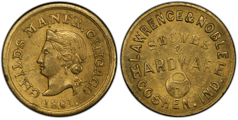 (1861) Brass Civil War Store Card F-350F-1b, Lawrence & Noble IN