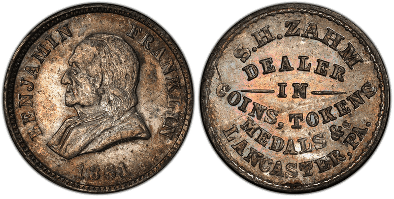(1861) White Metal Civil War Store Card F-525A-1e, S.H. Zahm PA