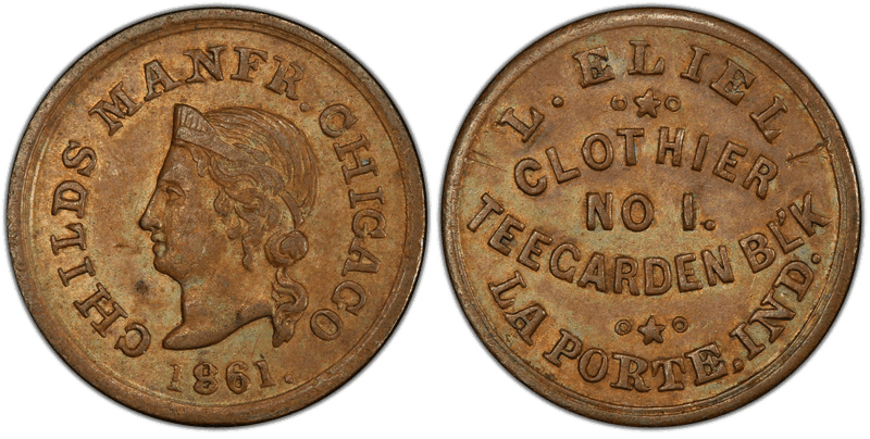 (1861) Copper Civil War Store Card F-530A-1a, L. Eliel IN