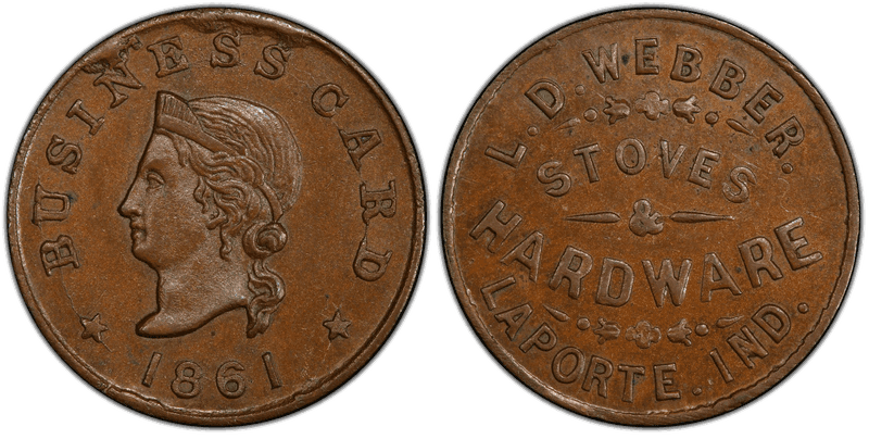 (1861) Copper Civil War Store Card F-530G-2a, L.D. Webber IN