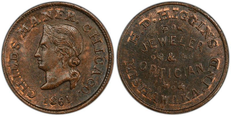 (1861) Copper Civil War Store Card F-630A-11a, H.D. Higgins IN