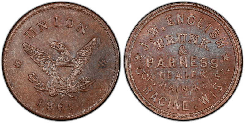 (1861) Copper Civil War Store Card F-700E-3a, J.W. English WI
