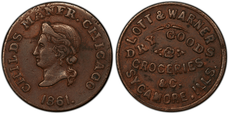 (1861) Copper Civil War Store Card F-825A-2a, Lott & Warner IL