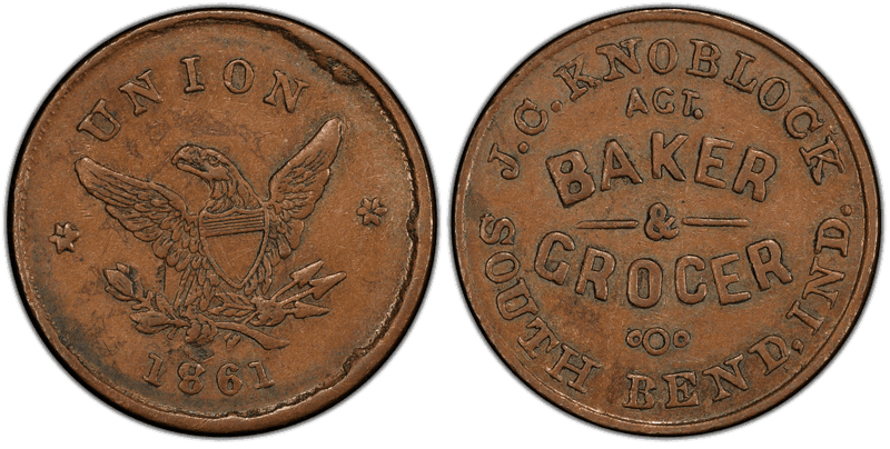 (1861) Copper Civil War Store Card F-860E-3a, J.C. Knoblock IN