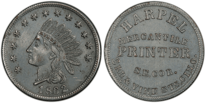(1862) Zinc Civil War Store Card F-165BM-4i, Harpel OH