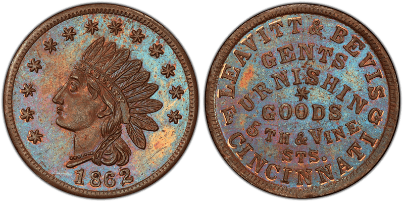 (1862) Copper Civil War Store Card F-165DD-1a, Leavitt & Bevis OH