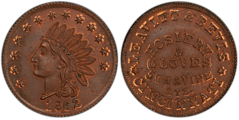 (1862) Copper Civil War Store Card F-165DD-7a, Leavitt & Bevis OH
