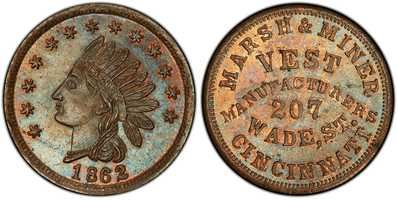 (1862) Copper Civil War Store Card F-165DJ-1a, Marsh & Miner OH