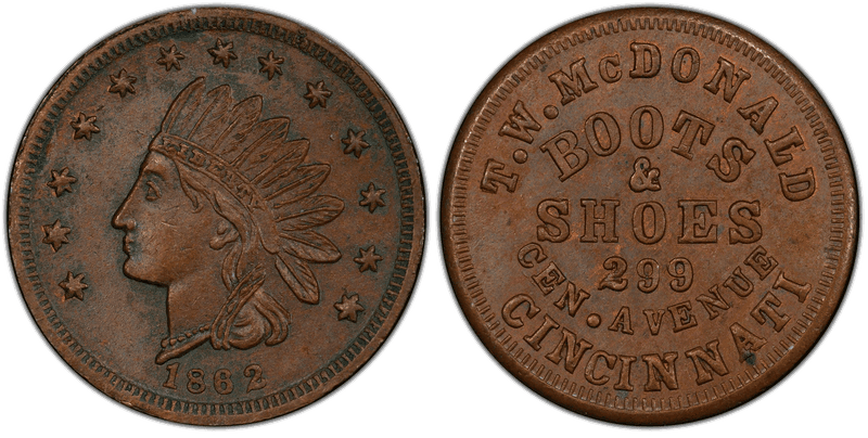(1862) Copper Civil War Store Card F-165DM-1a, T.W. McDonald OH