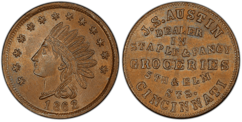 (1862) Copper Civil War Store Card F-165F-1a, J.S. Austin OH
