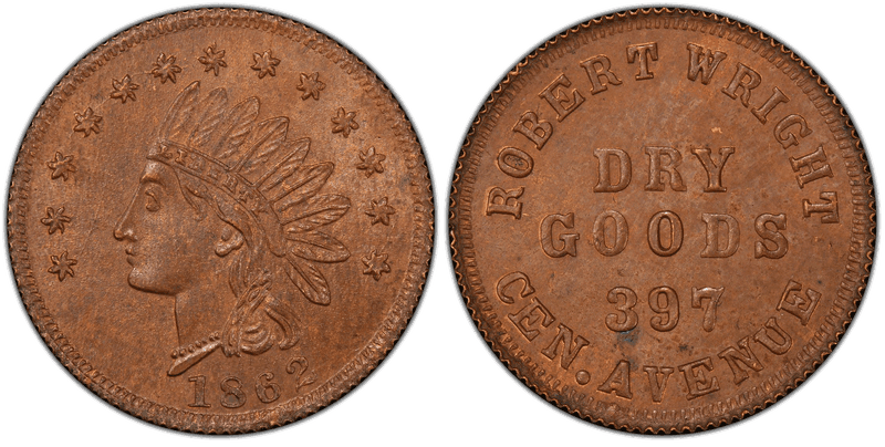 (1862) Copper Civil War Store Card F-165GS-4a, Robert Wright OH