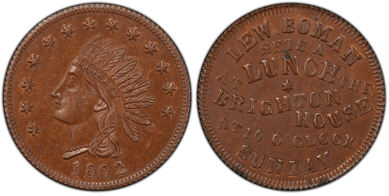 (1862) Copper Civil War Store Card F-165R-1a, Lew Boman OH