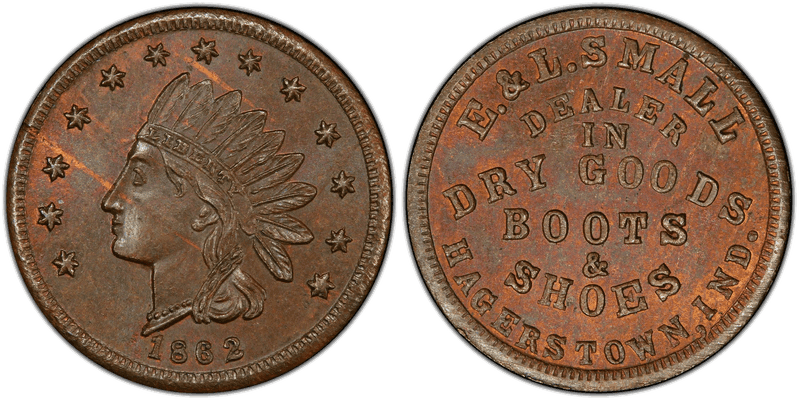 (1862) Copper Civil War Store Card F-370A-1a, E. & L. Small IN
