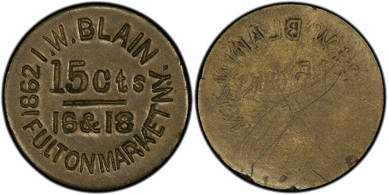 (1862) Brass Civil War Store Card F-630G-2b, I.W. Blain NY