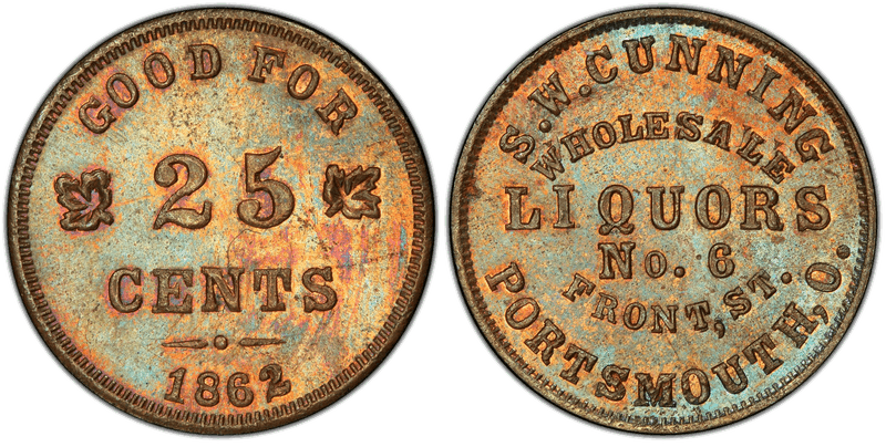 (1862) Copper Civil War Store Card F-745B-6a, S.W. Cunning OH