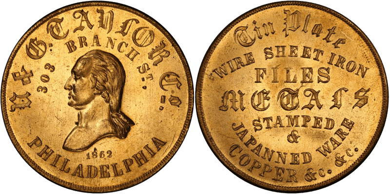 (1862) Brass Civil War Store Card F-750V-3b, GW-557 N & G. Taylor Co. PA