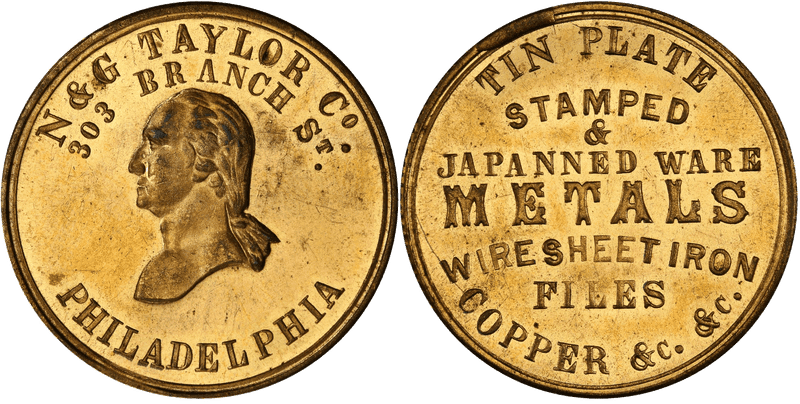 (1862) Brass Civil War Store Card F-750V-6b, GW-559 N & G Taylor Co. PA