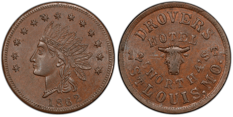 (1862) Copper Civil War Store Card F-910A-1a, Drovers Hotel MO