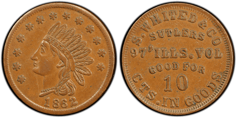 (1862) Copper Civil War Sutler Token S-97-10CA, PE Whited Co.