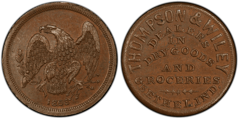 (1863) Copper Civil War Store Card F-100A-2a, Thompson & Wiley IN