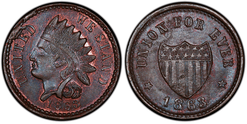 (1863) Copper Civil War Patriotic Token F-100/341a, United We Stand