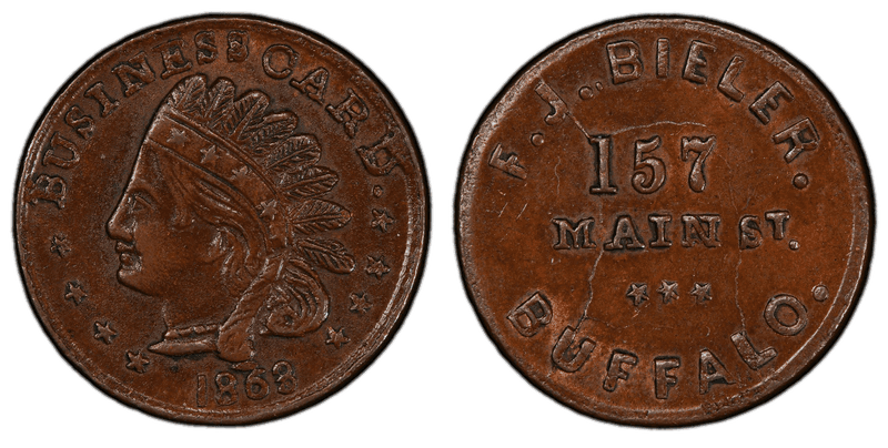 (1863) Copper Civil War Store Card F-105D-1a, F.J. Bieler NY