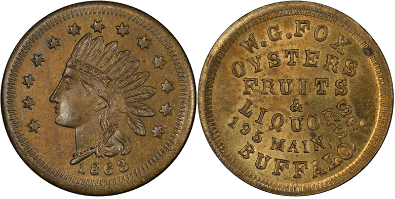 (1863) Brass Civil War Store Card F-105H-2b, W.G. Fox NY