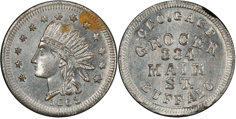 (1863) Zinc Civil War Store Card F-105I-4i, Geo. Gage NY