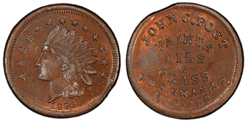 (1863) Copper Civil War Store Card F-105L-1a, John C. Post NY