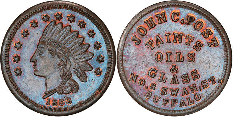(1863) Copper Civil War Store Card F-105L-1a, John C. Post NY