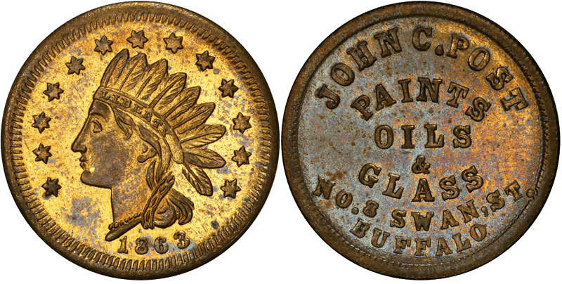 (1863) Brass Civil War Store Card F-105L-2b, John C. Post NY