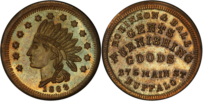 (1863) Brass Civil War Store Card F-105N-2b, Robinson & Ball NY