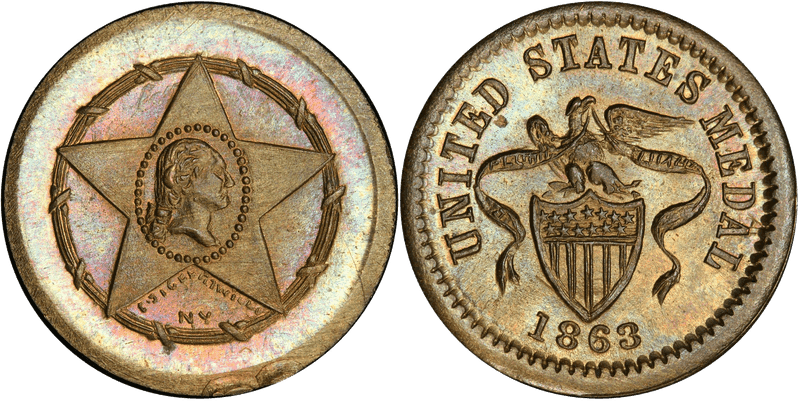1863 Token F-105/199b GW-621 Brass Washington Star-Eagle Ribbon